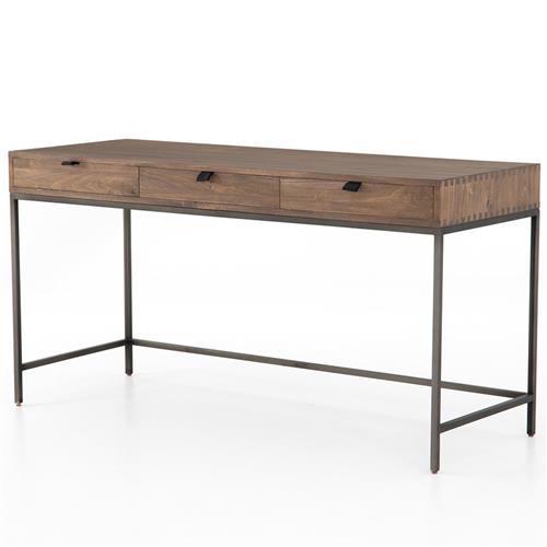 Theodore Industrial Loft 3-Drawer Leather Pull Brown Office Desk