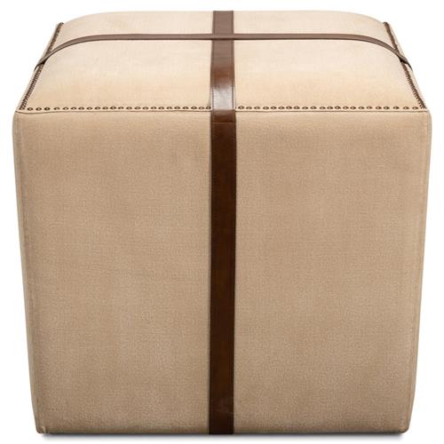 Stetson French Country Beige Upholstered Brown Leather Strap Nailhead Trim Stool