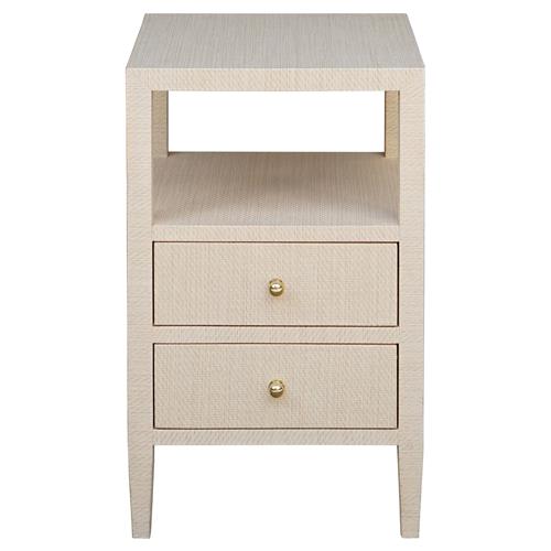 Worlds Away Roscoe Modern Glass Top Beige Grasscloth Side Table