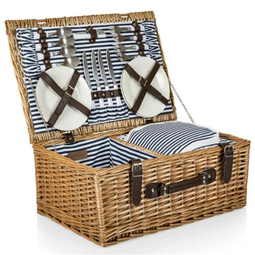Sandra Coastal Brown Handwoven Willow Picnic Basket with Serveware for 4