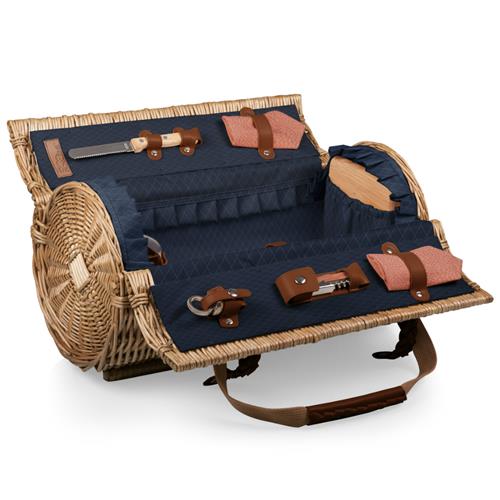 Kattie Rustic Brown Willow Blue Lining Picnic Basket with Serveware for 2