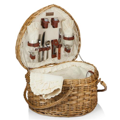 Lauren Modern Classic Brown Willow Cream Heart Picnic Basket with Serveware for 2