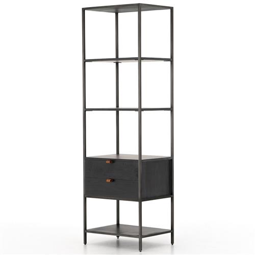 Theodore Industrial Loft Black Wood Grey Iron Frame 2 Drawer Display Bookcase