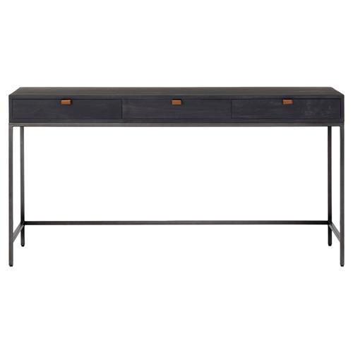 Theodore Industrial Loft Black Wood Grey Iron Base 3 Drawer Writing Desk