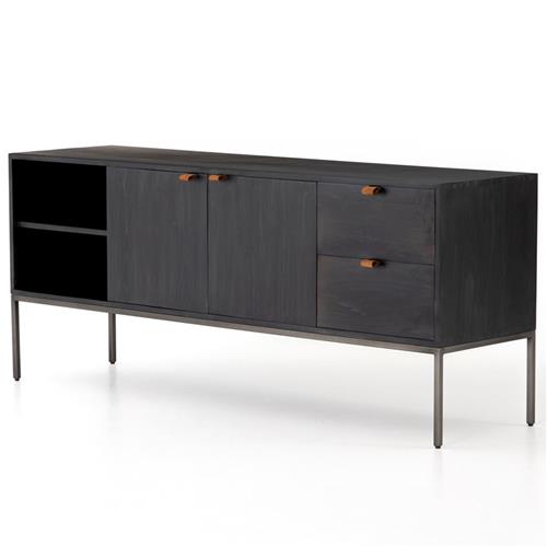 Theodore Industrial Black Wood Grey Iron 2 Drawer 2 Door Media Cabinet - 69&quot;W