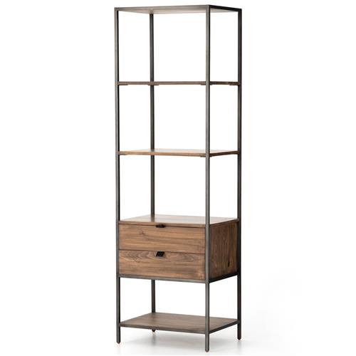 Theodore Industrial Loft Brown Wood Grey Iron Frame 2 Drawer Display Bookcase