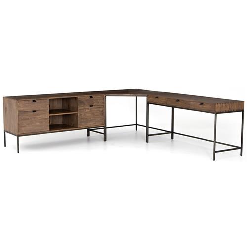 Theodore Industrial Loft Brown Wood Iron Corner Desk Set