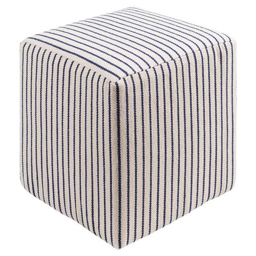 Jesse Coastal Beach Blue Stripe Beige Cotton Square Pouf
