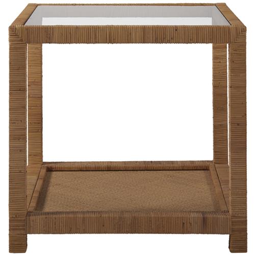 Ariah Coastal Beach Glass Top Brown Rattan Side End Table