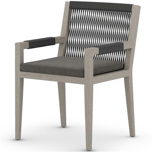 Cheryl Modern Black Cushion Woven Grey Teak Outdoor Dining Arm Chair