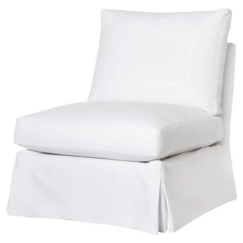 White upholstered chair with skirted base and single-seat cushion, front view.