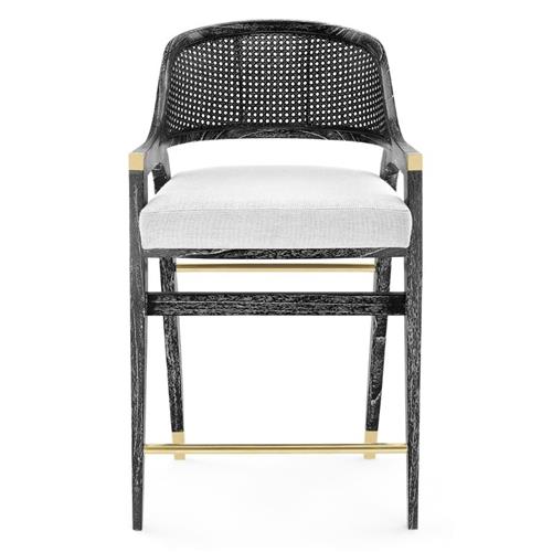 Edward Coastal White Linen Black Mahogany Woven Cane Counter Stool