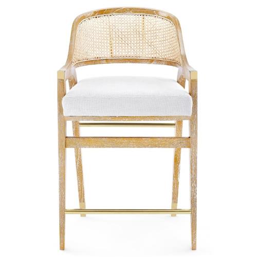 Edward Coastal White Linen Natural Mahogany Woven Cane Counter Stool