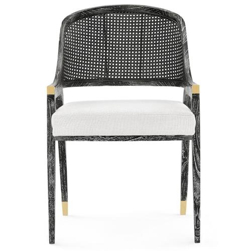 Edward Coastal White Linen Upholstered Black Mahogany Dining Arm Chair