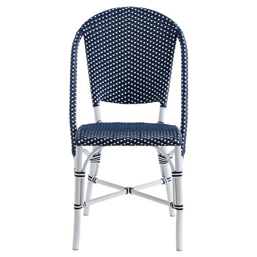 Gene Coastal Beach Navy Blue Faux Rattan White Aluminum Frame Outdoor Dining Chair