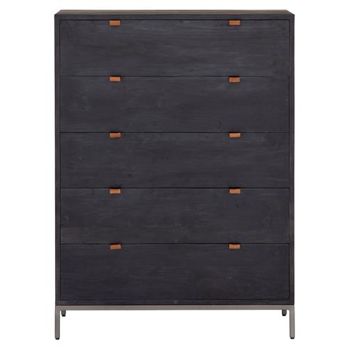 Theodore Industrial Loft Black Wood Leather Pull 5 Drawer Dresser