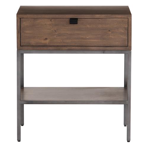 Theodore Industrial Loft Brown Wood Grey Iron Leather Pulls 1 Drawer Nightstand