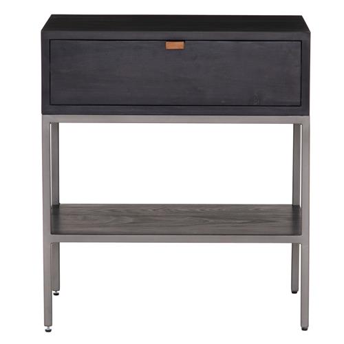 Theodore Industrial Loft Black Wood Grey Iron Leather Pulls 1 Drawer Nightstand