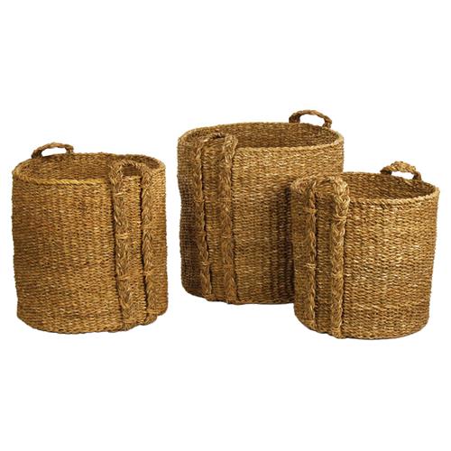 Zuri Coastal Beach Brown Woven Rattan Round Large Baskets - Set of 3