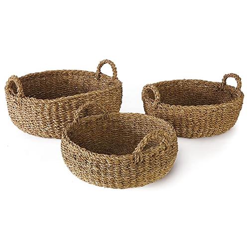 Zuri Coastal Beach Brown Woven Rattan Shallow Baskets - Set of 3