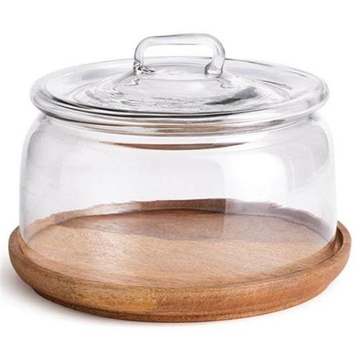 Adrian Rustic Lodge Glass Cloche Wood Tray