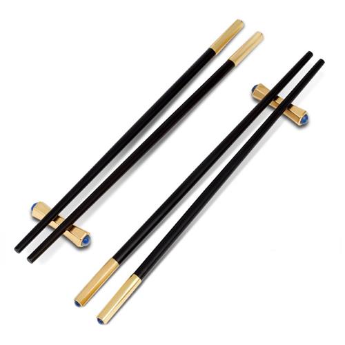 L&#39;Objet Zen Modern Black Wood Gold Edge Chopsticks and Rests - Set of 2 Pairs
