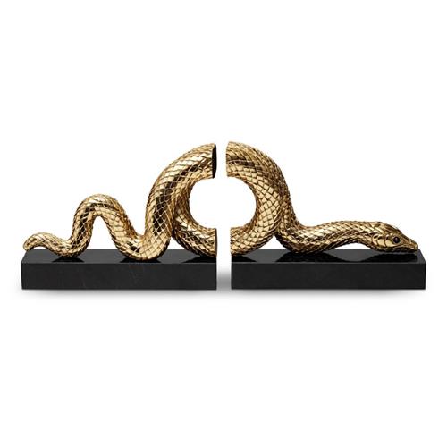 L&#39;Objet Snake Hollywood Regency Gold Plated Marble Base 2 Piece Bookend Set