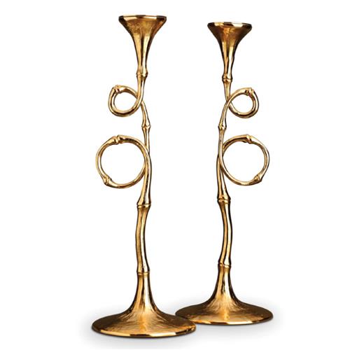 L&#39;Objet Evoca Hollywood Regency Gold Plated Metal Candlesticks - Set of 2