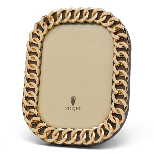 L&#39;Objet Cuban Link Hollywood Regency Gold Plated Beveled Glass Photo Frame - 4x6