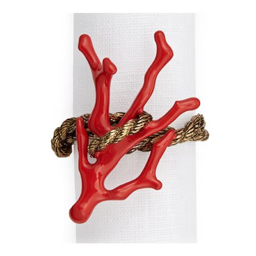 L&#39;Objet Coral Coastal Beach Red Enamel Gold Plated Napkin Ring - Set of 4