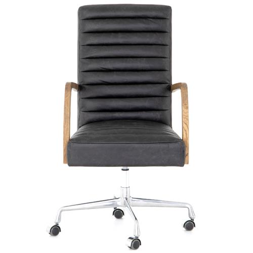 Sonn Mid Century Black Upholstered Leather Brown Wood Silver Steel Tufted Office Chair