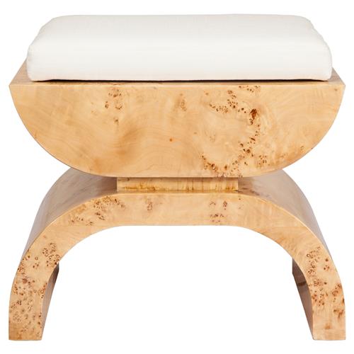 Worlds Away Biggs Modern White Upholstered Cushion Glossy Brown Burl Wood Stool