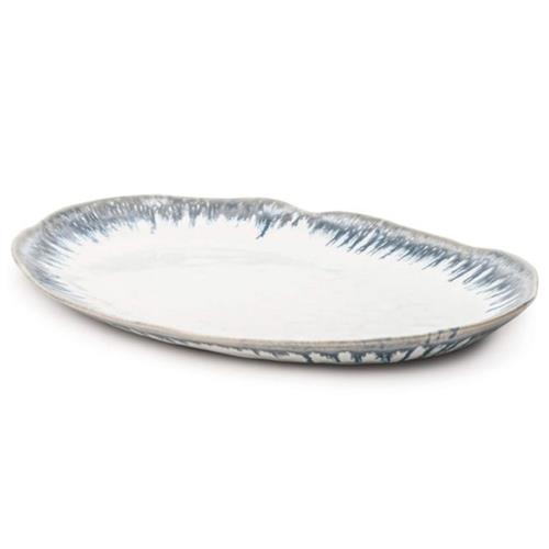 Simon Pearce Burlington Modern Blue Drip Edges White Oval Platter