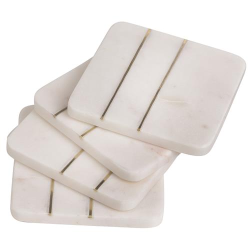 Erin Modern Classic White Marble Brass Inlay Square Coasters - Set of 4