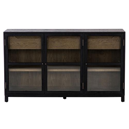 Clarence Rustic Lodge Matte Black Oak Wood Clear Glass 3 Door Sideboard