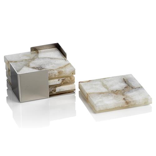 Zoey Modern Classic Grey Agate Stone 4 Piece Coasters with Steel Tray