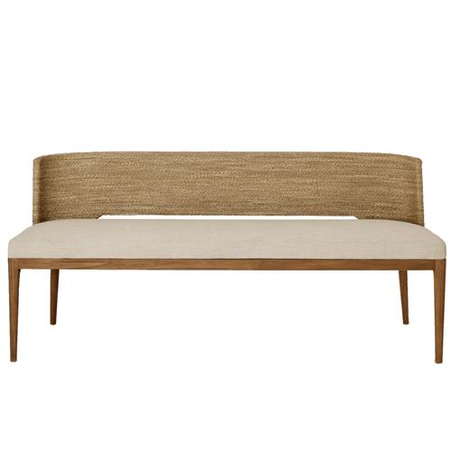 Adelyn Coastal Beach Beige Performance Brown Teak Wood Woven Back Bench