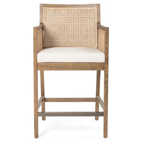 Annette Coastal Beach White Performance Natural Woven Cane Brown Wood Arm Counter Stool