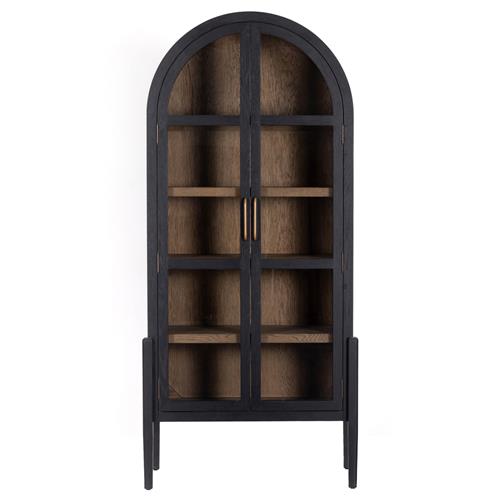 Ivan Mid Century Clear Glass Black Solid Oak Wood 2 Door Arched Display Case