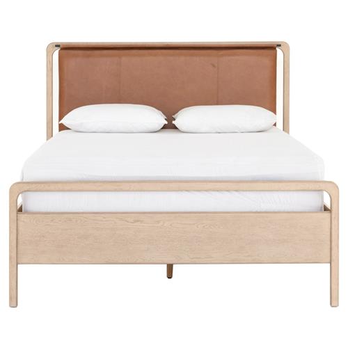 Matthew Modern Classic Brown Upholstered Leather Beige Oak Wood Bed - Queen