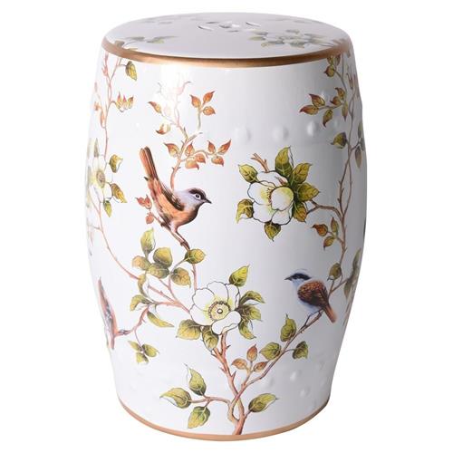 Tristan Modern Classic White Porcelain Flower Birds Outdoor Garden Stool