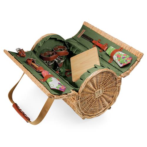 Kattie Rustic Brown Willow Green Lining Picnic Basket with Serverware for 2