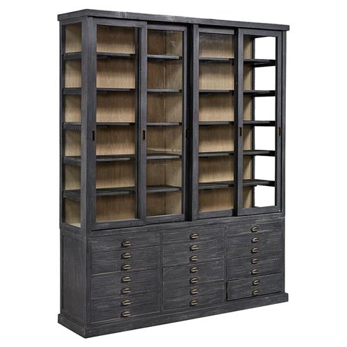 Malen Rustic Lodge Black Wood Glass Doors China Cabinet