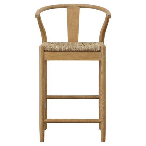 Zhuri Coastal Beach Light Brown Oak Wood Frame Woven Seat Wishbone Counter Stool