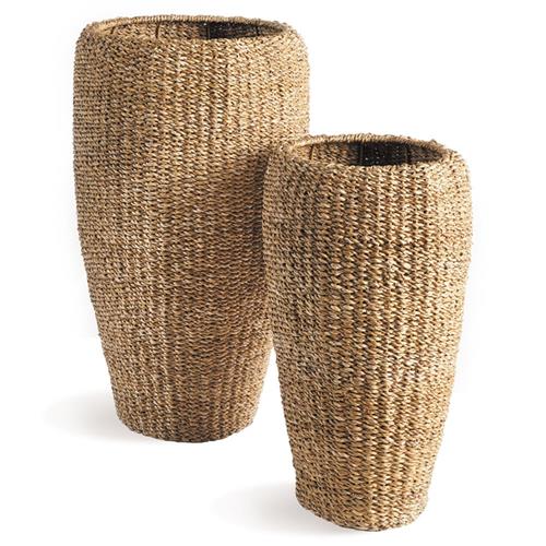 Zuri French Country Brown Woven Seagrass Round Basket Planter - Set of 2