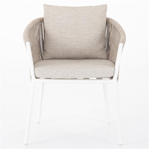 Porter Coastal Beach Beige Cushion White Aluminum Woven Outdoor Dining Arm Chair
