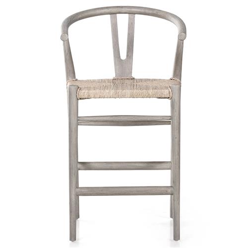 Wanda Mid Century Modern Grey Teak Woven Wicker Seat Wishbone Outdoor Counter Stool