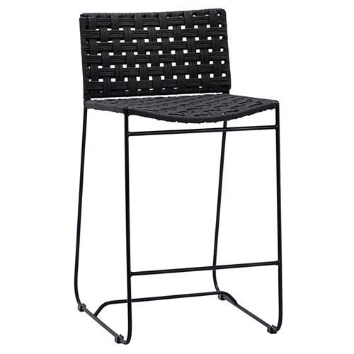 Clint Coastal Beach Black Woven Rope Seat Black Iron Frame Outdoor Counter Stool