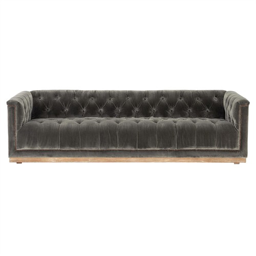 Emmy Rustic Grey Upholstered Velvet Tufted Nailhead Trim Sofa - Large - 95&quot;W