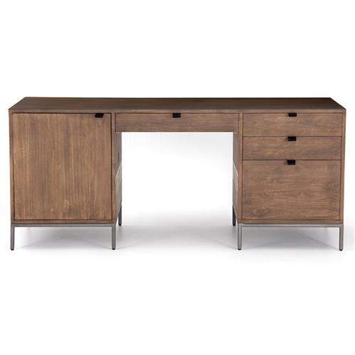 Theodore Industrial Loft Brown Wood Black Leather Pull Office Desk